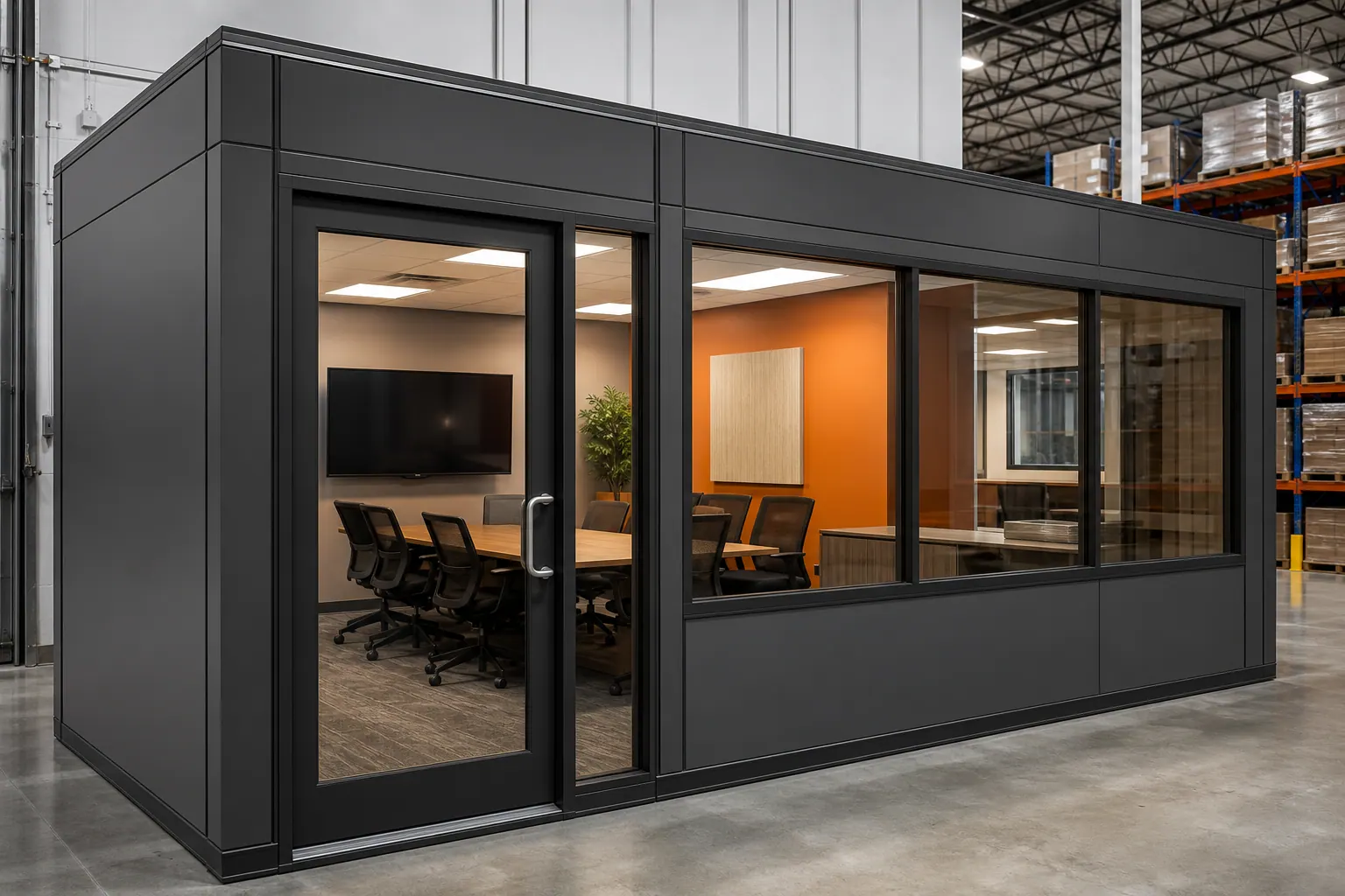 Modular in-plant office installed inside a warehouse facility