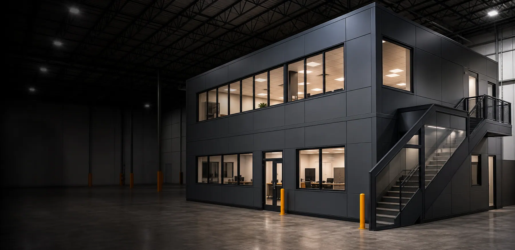 Modular in-plant office installed inside a warehouse facility