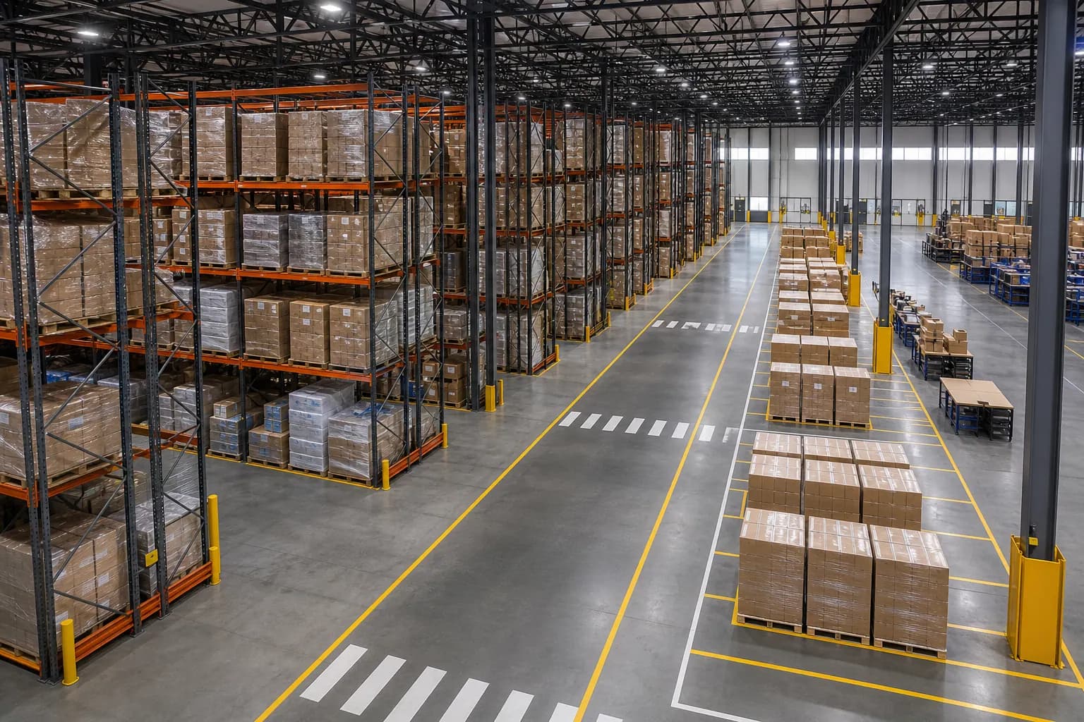 Optimized warehouse storage layout with organized pallet racking